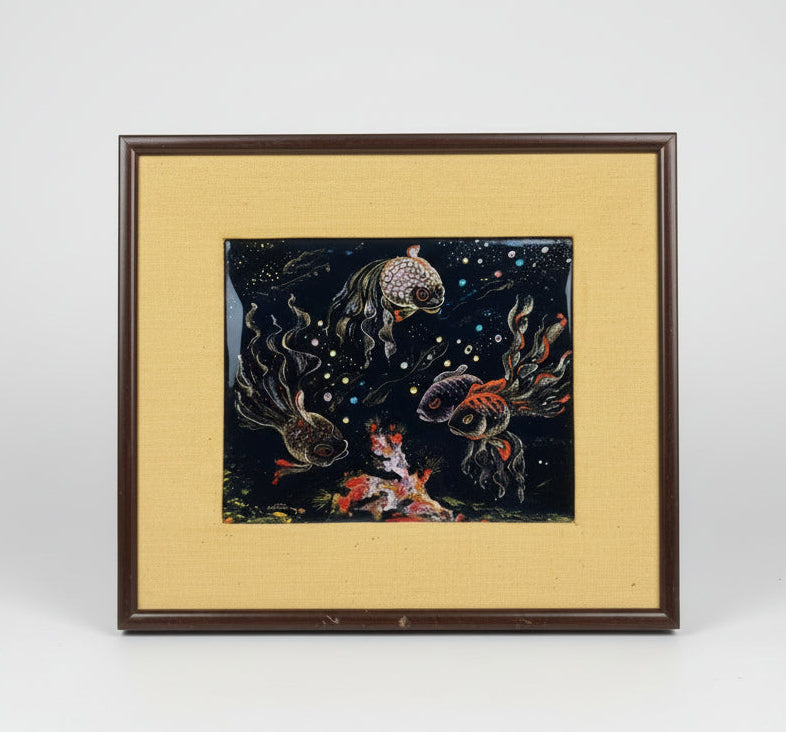 René Bonhomme – Émaux de Limoges – Poissons – Plaque émaillée XXe siècle