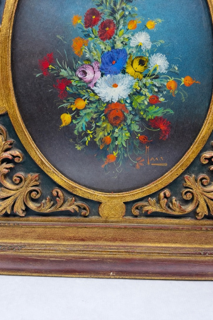 Tableau bouquet de fleurs ovale cadre bois doré style Napoléon III vintage