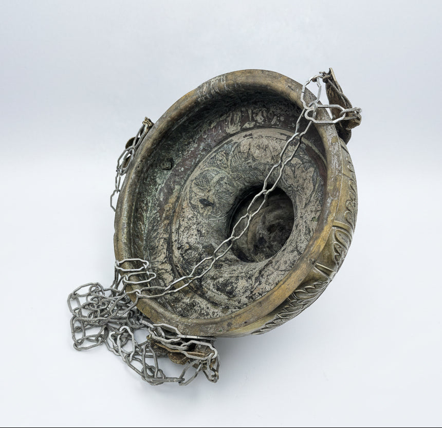 Lampe de sanctuaire ancienne laiton argenté ange ailé 130 cm