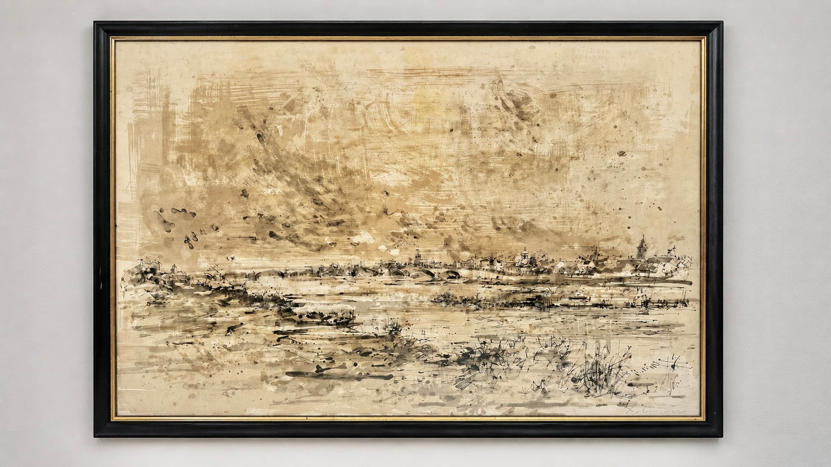 Dessin original encre et aquarelle La Charité sur Loire XXe siècle encadré