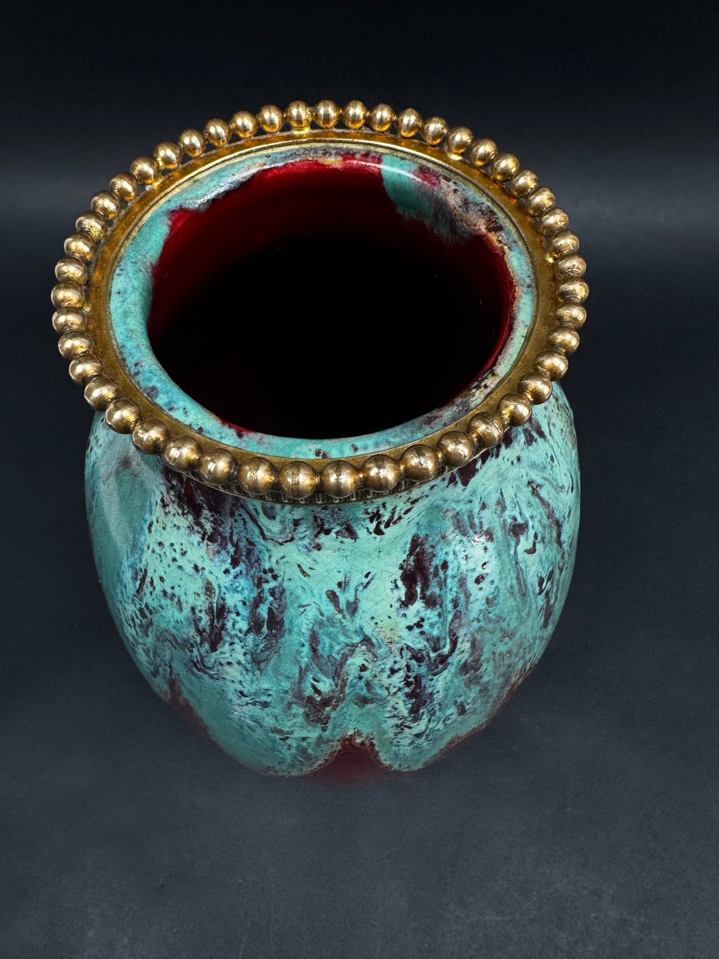 Vase CAB (Céramique d’Art de Bordeaux) – glaçure vert turquoise & rouge-bordeaux