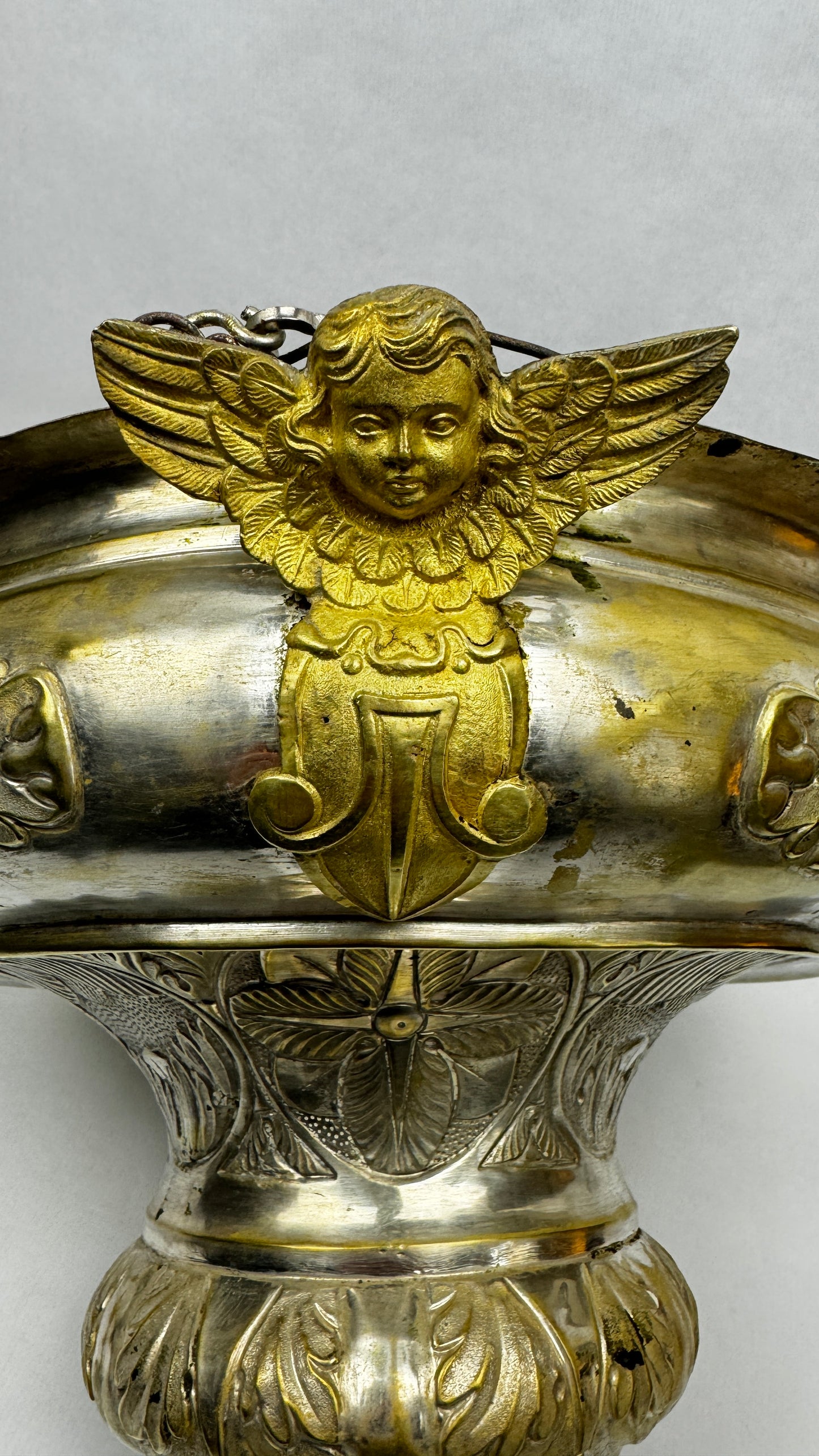 Lampe de sanctuaire ancienne laiton argenté ange ailé 130 cm