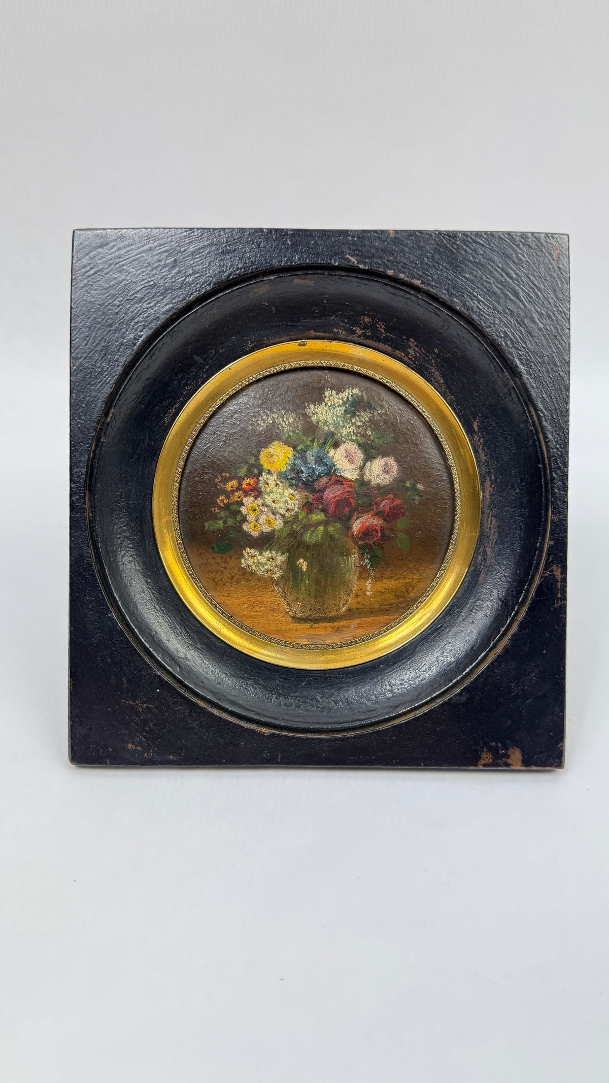 Bouquet de fleurs, miniature peinte dans son cadre noir et or, vers 1900