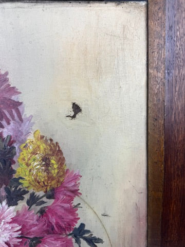 Nature morte aux chrysanthèmes – huile sur toile signée Mme de Lavillaine 60x50 cm