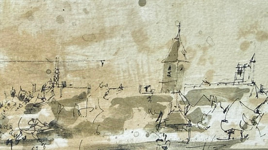 Dessin original encre et aquarelle La Charité sur Loire XXe siècle encadré
