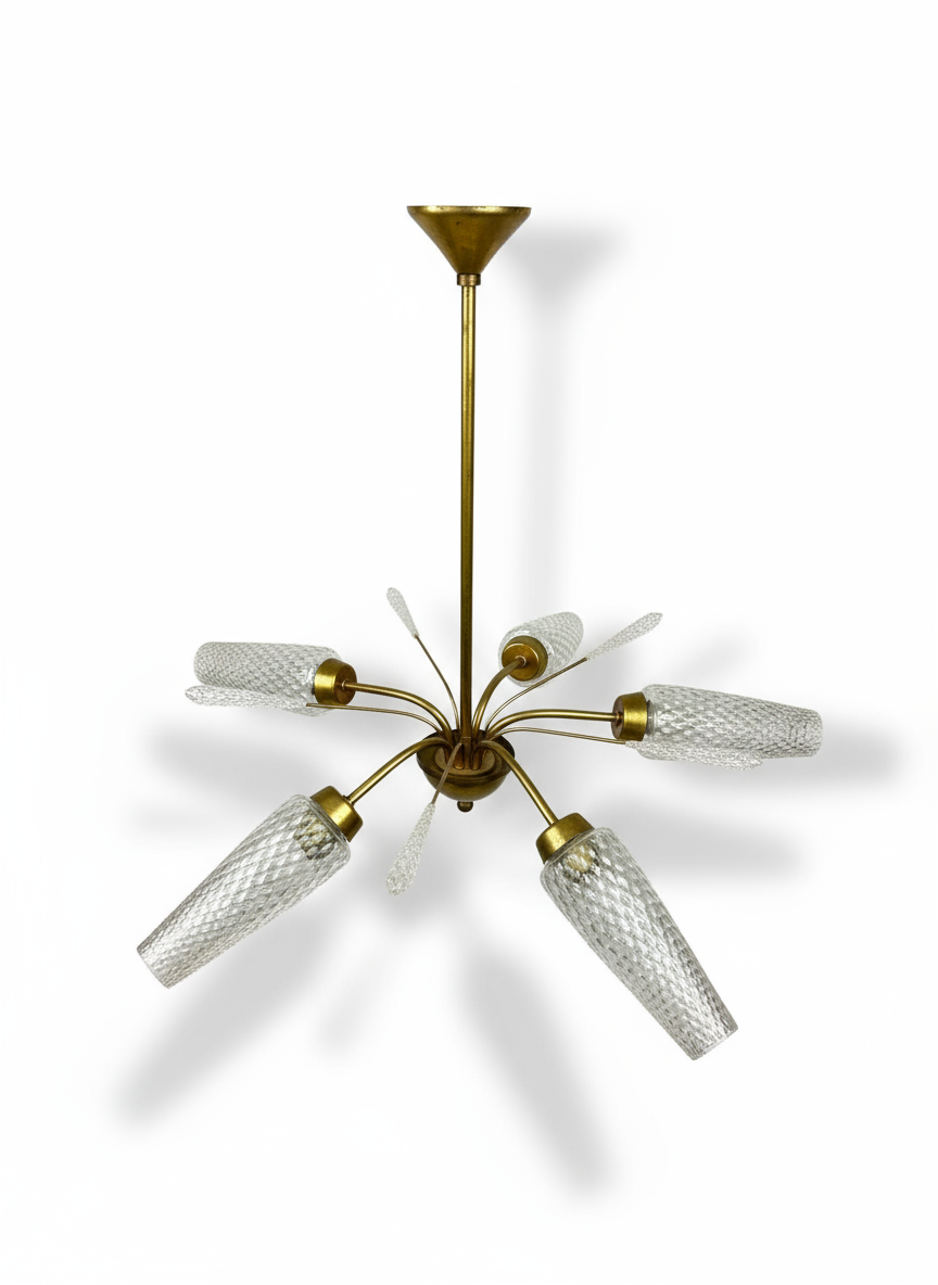 Lustre vintage en laiton et verre taillé – Italie, années 50