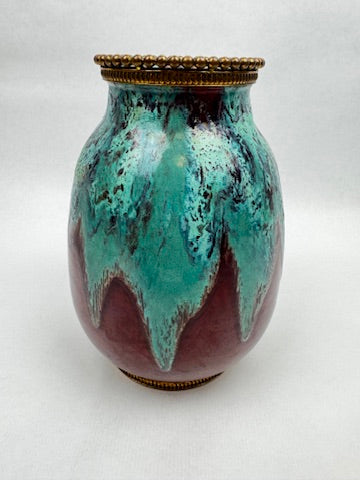 Vase CAB (Céramique d’Art de Bordeaux) – glaçure vert turquoise & rouge-bordeaux