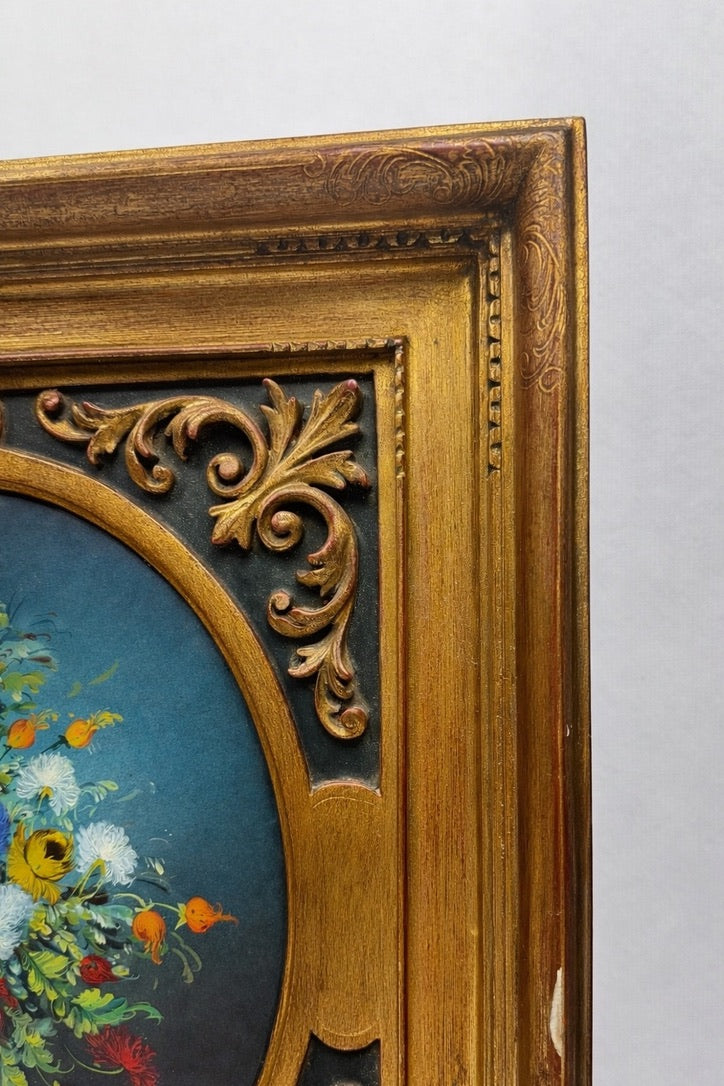 Tableau bouquet de fleurs ovale cadre bois doré style Napoléon III vintage