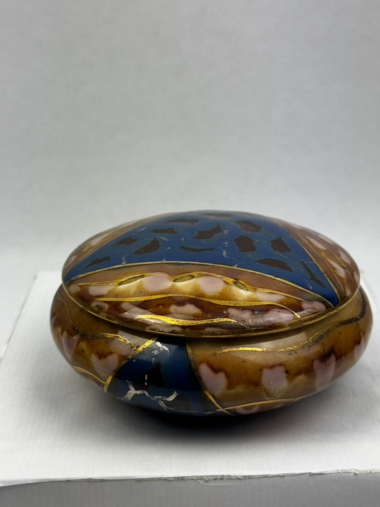 Bonbonnière Tharaud Limoges émail bleu et brun à décor doré – vers 1950