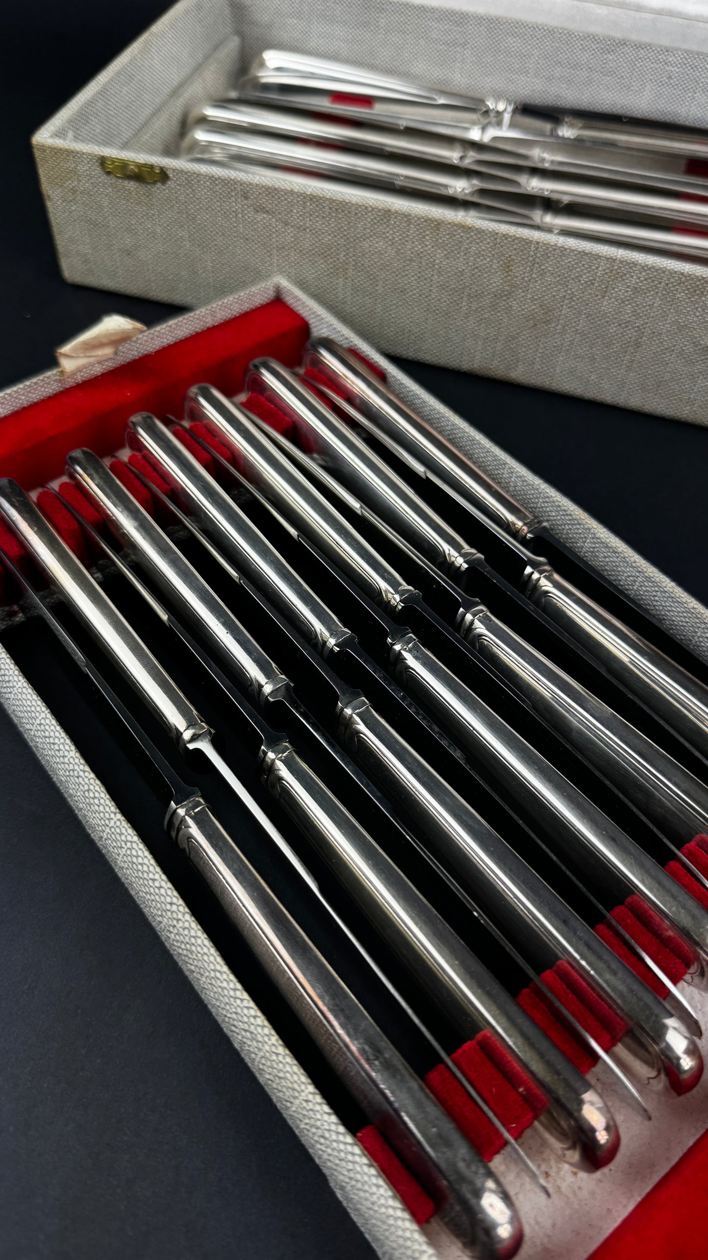 Coffret de 24 couteaux en métal argenté SFAM, modèle filet