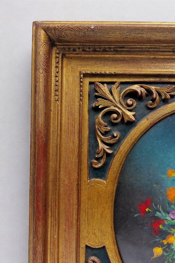 Tableau bouquet de fleurs ovale cadre bois doré style Napoléon III vintage