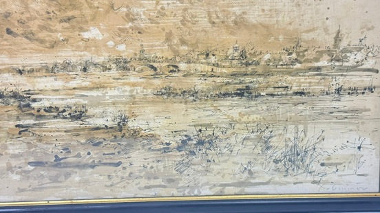 Dessin original encre et aquarelle La Charité sur Loire XXe siècle encadré
