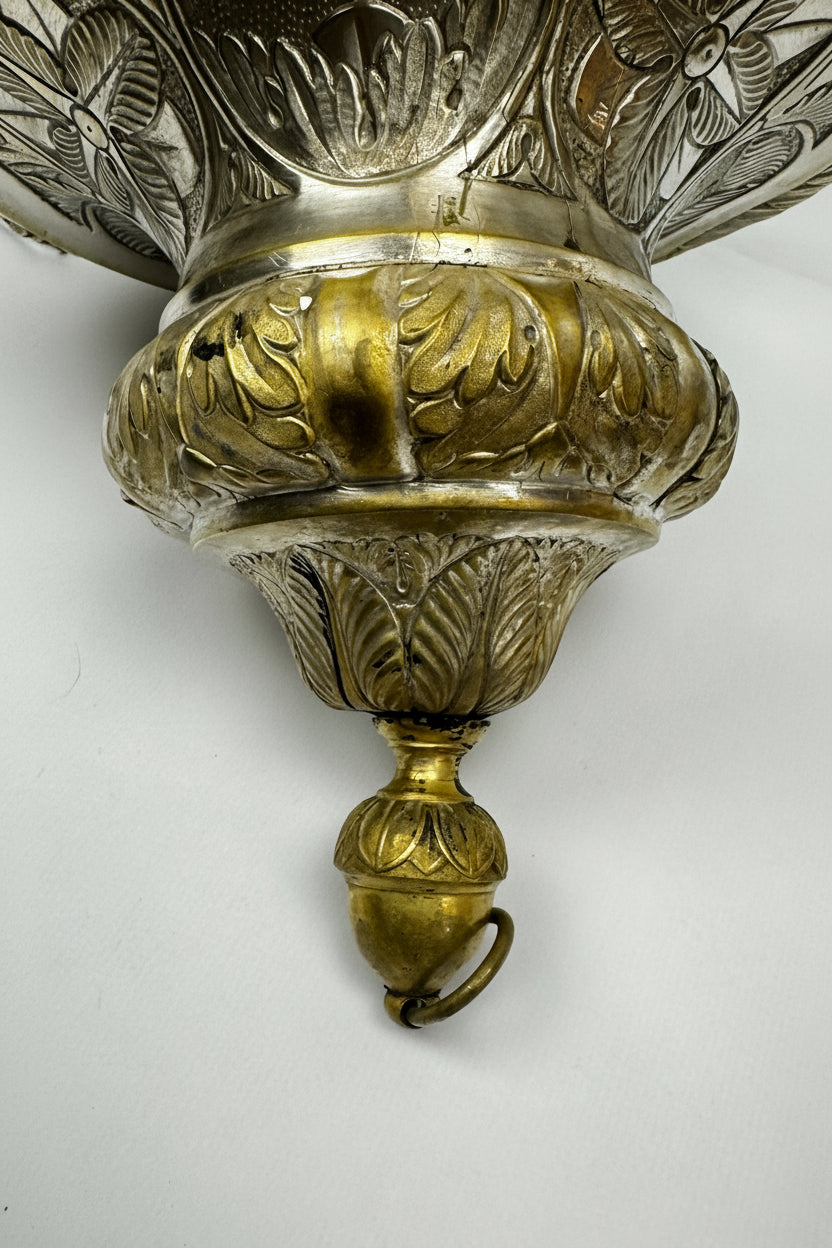 Lampe de sanctuaire ancienne laiton argenté ange ailé 130 cm