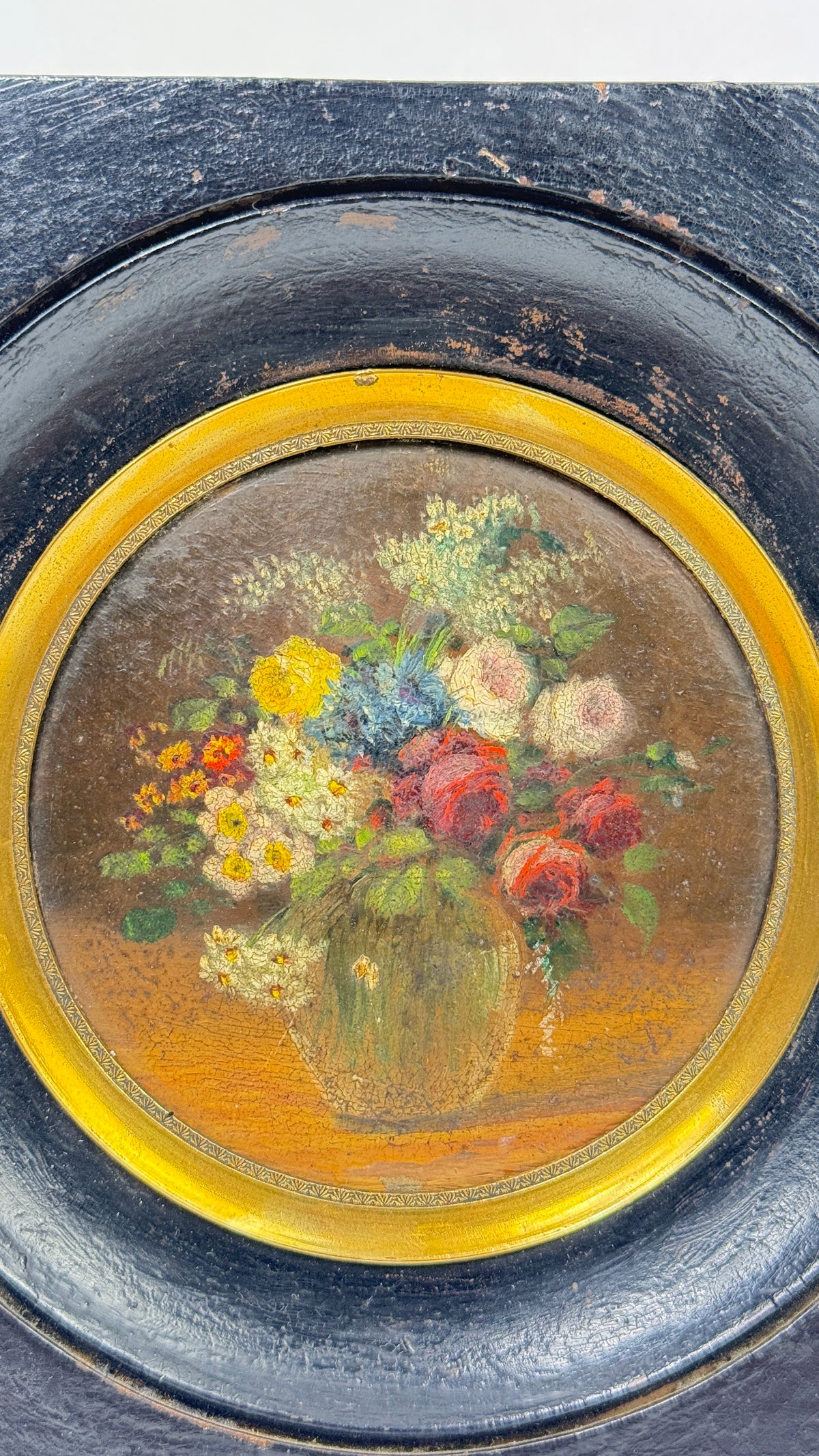Bouquet de fleurs, miniature peinte dans son cadre noir et or, vers 1900