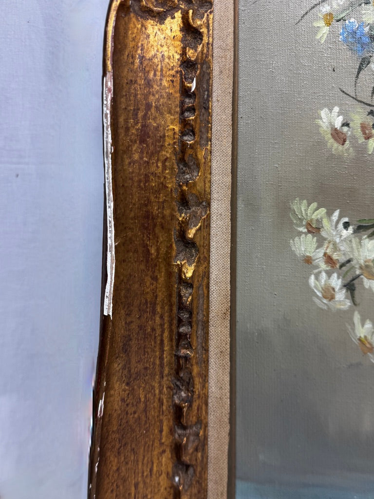 André Robert – Bouquet champêtre dans un pichet en grès – Huile sur toile, 90 × 70 cm