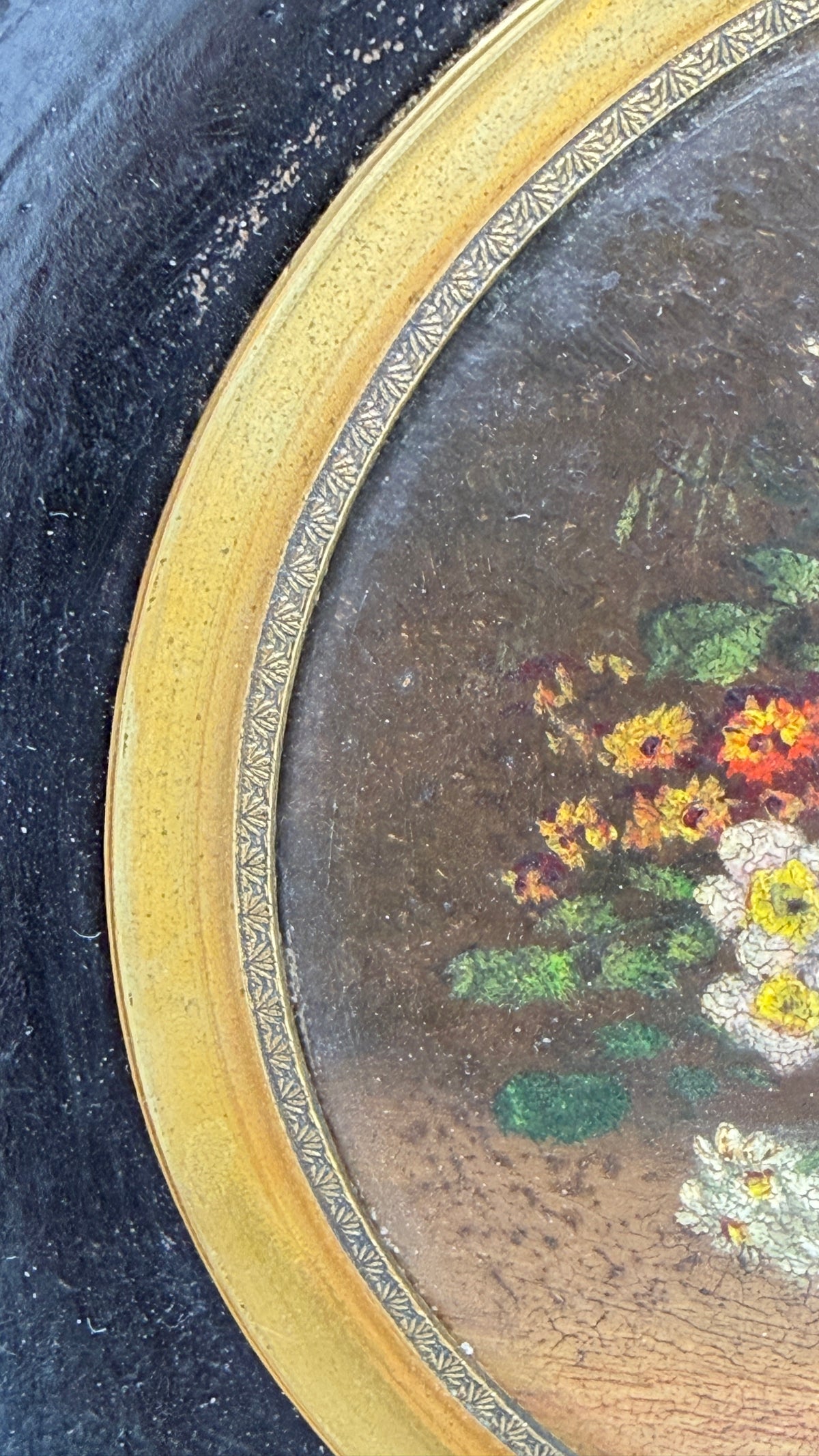 Bouquet de fleurs, miniature peinte dans son cadre noir et or, vers 1900