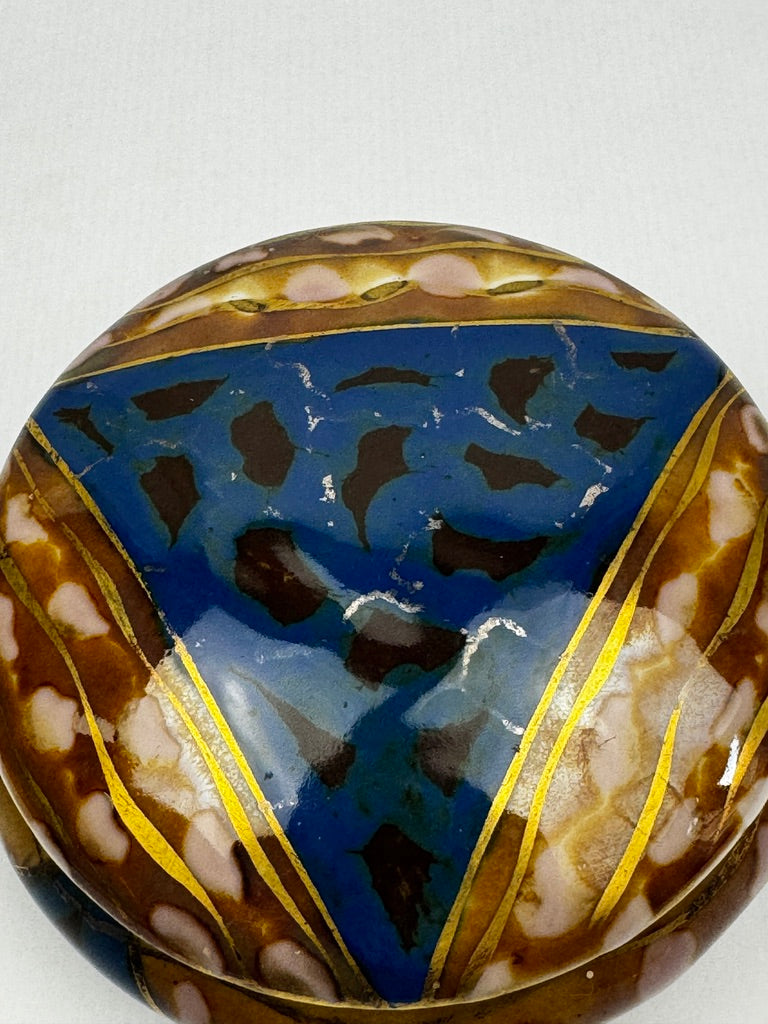 Bonbonnière Tharaud Limoges émail bleu et brun à décor doré – vers 1950