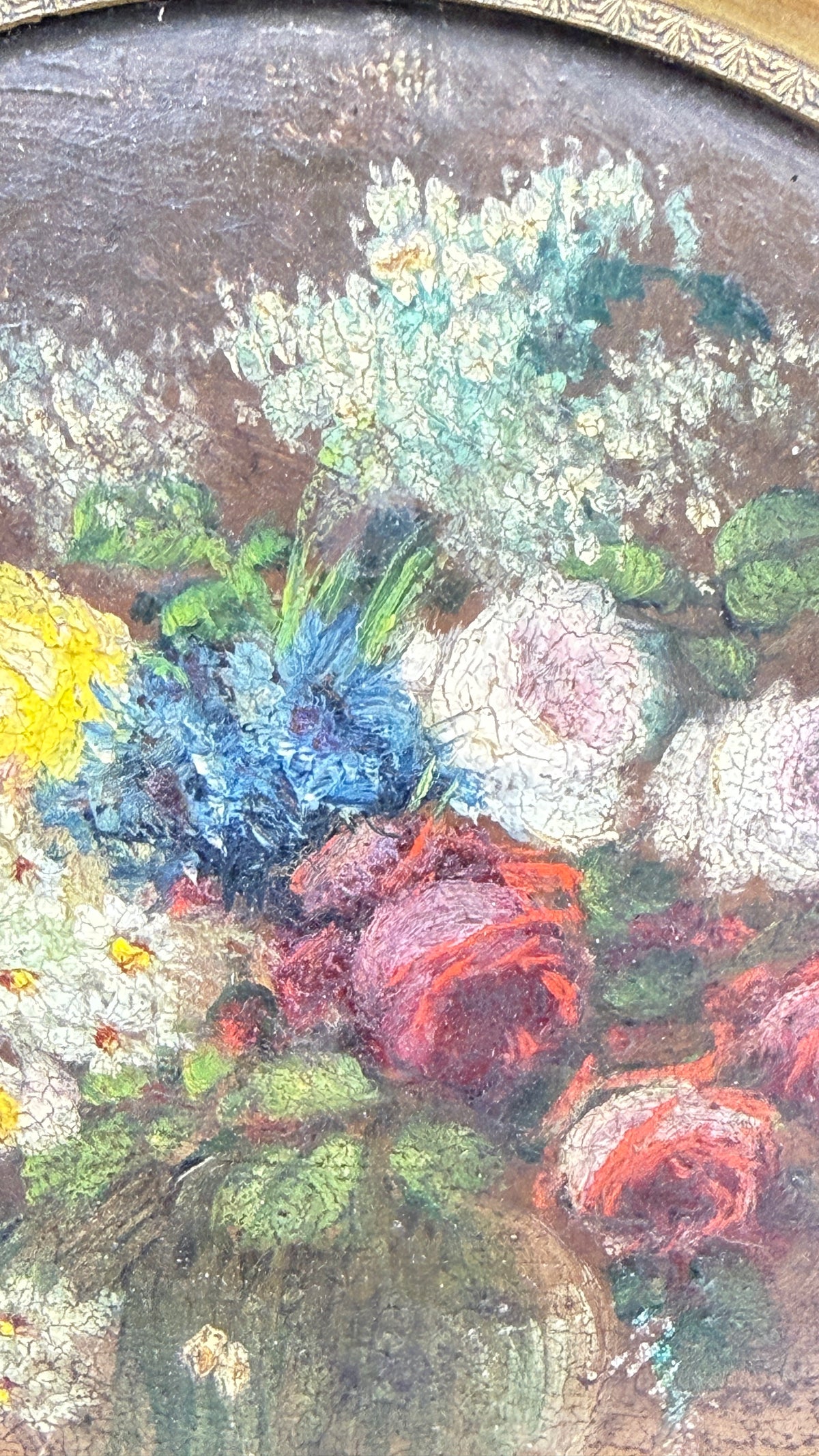 Bouquet de fleurs, miniature peinte dans son cadre noir et or, vers 1900