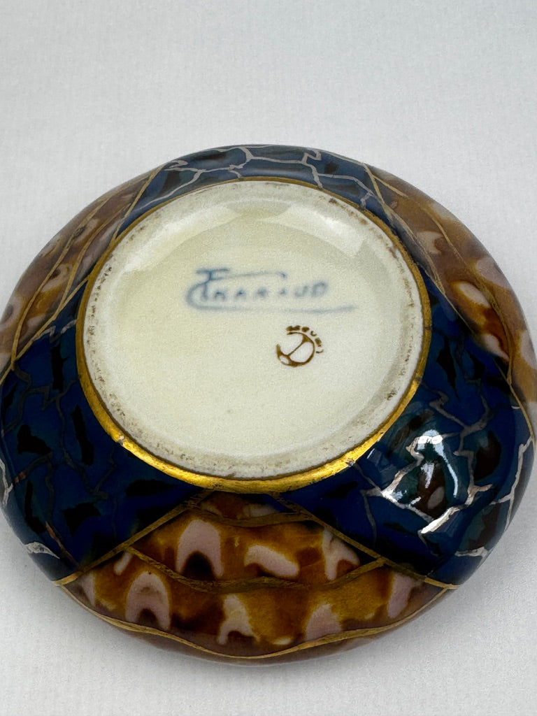 Bonbonnière Tharaud Limoges émail bleu et brun à décor doré – vers 1950