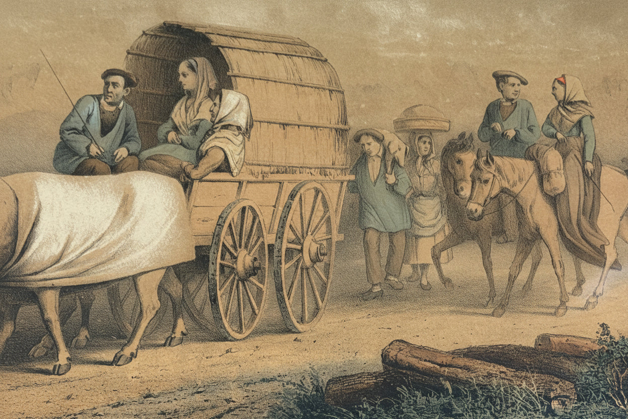 Ancienne lithographie en couleurs, Retour du marché de Pau