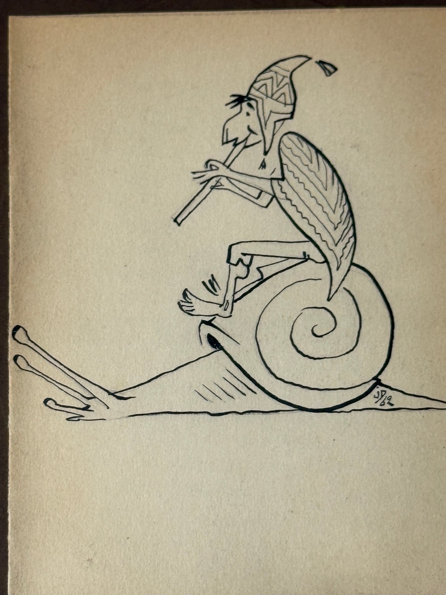 Dessin à l'encre, joueur de flûte sur un escargot 1962