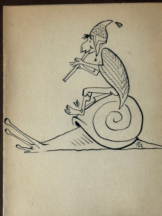 Dessin à l'encre, joueur de flûte sur un escargot 1962