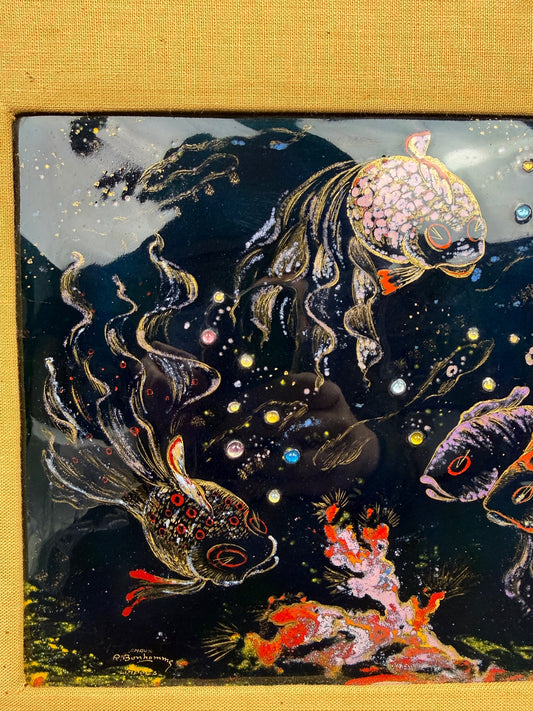 René Bonhomme – Émaux de Limoges – Poissons – Plaque émaillée XXe siècle