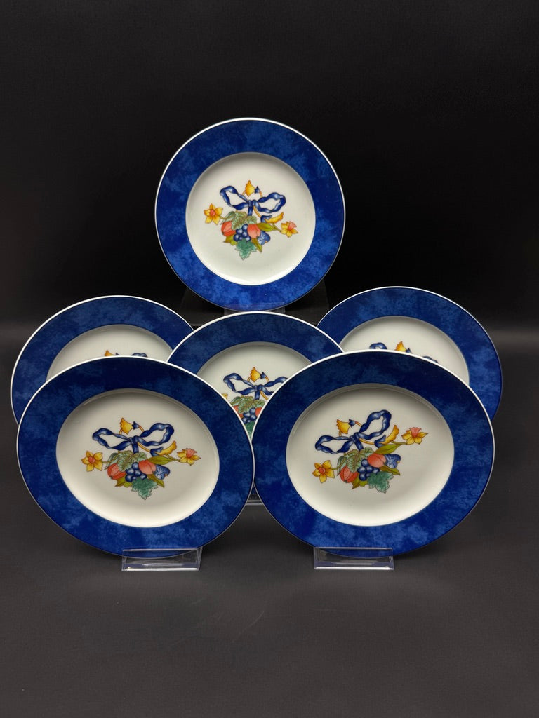 6 assiettes dessert Bernardaud Limoges Borghese bord bleu fruits ruban