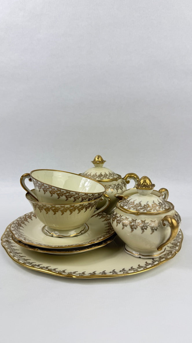 Tête-à-tête Limoges ivoire et or, service à thé vintage 8 pièces