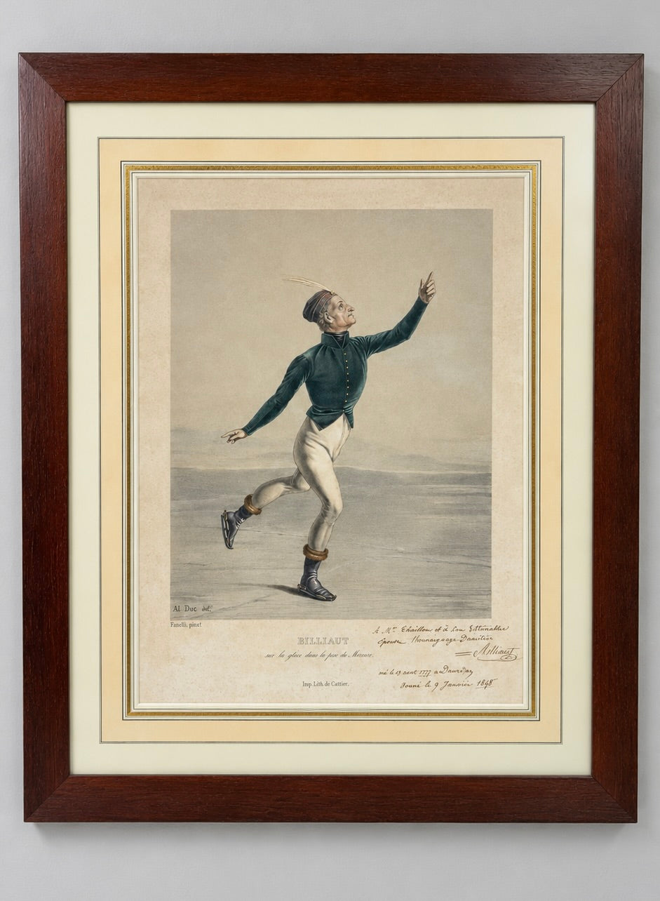 Billiaut sur la glace dans la pose du Mercure, lithographie en couleurs XIXe, dédicacée
