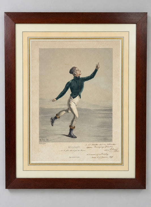 Billiaut sur la glace dans la pose du Mercure, lithographie en couleurs XIXe, dédicacée