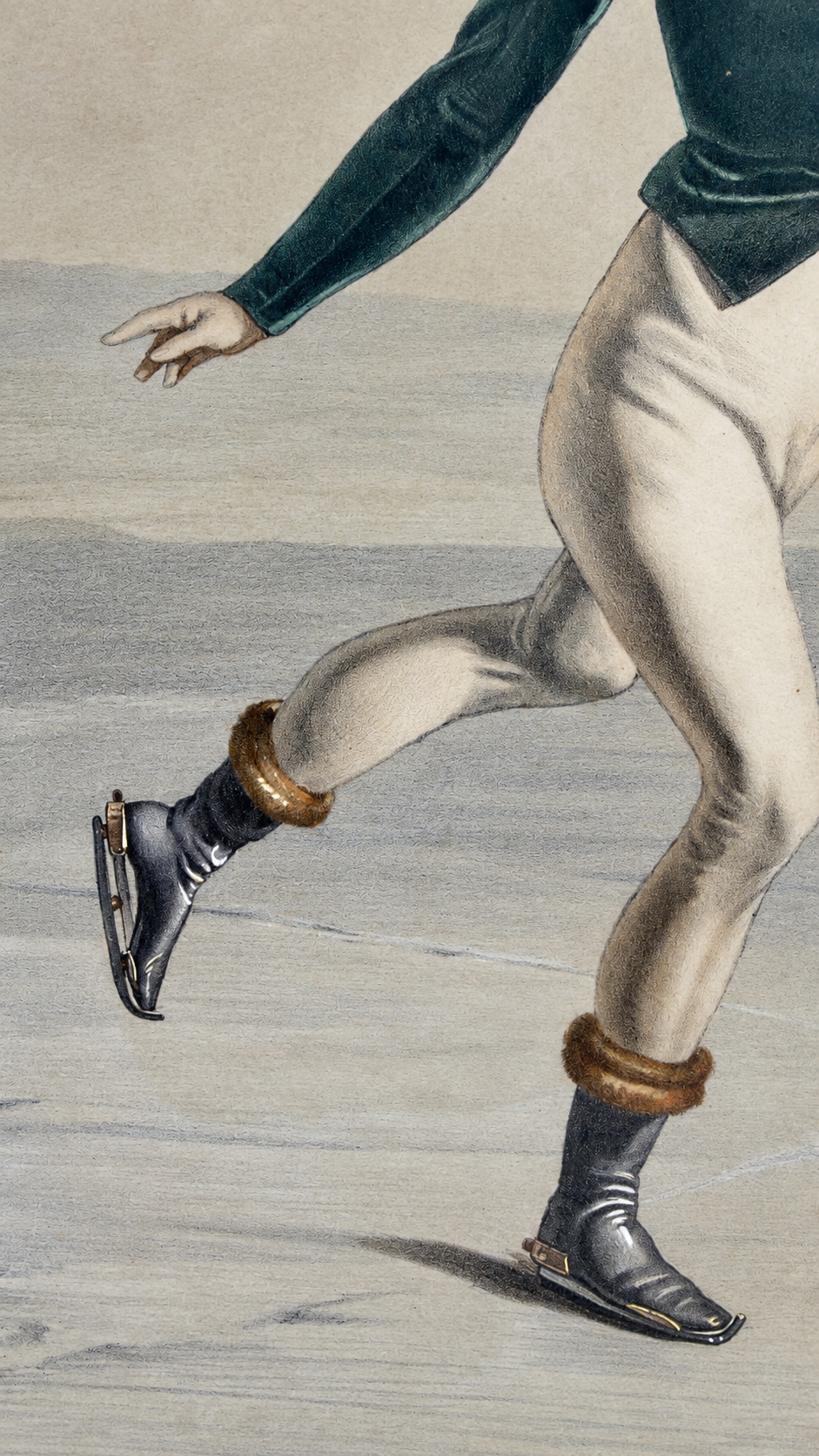 Billiaut sur la glace dans la pose du Mercure, lithographie en couleurs XIXe, dédicacée