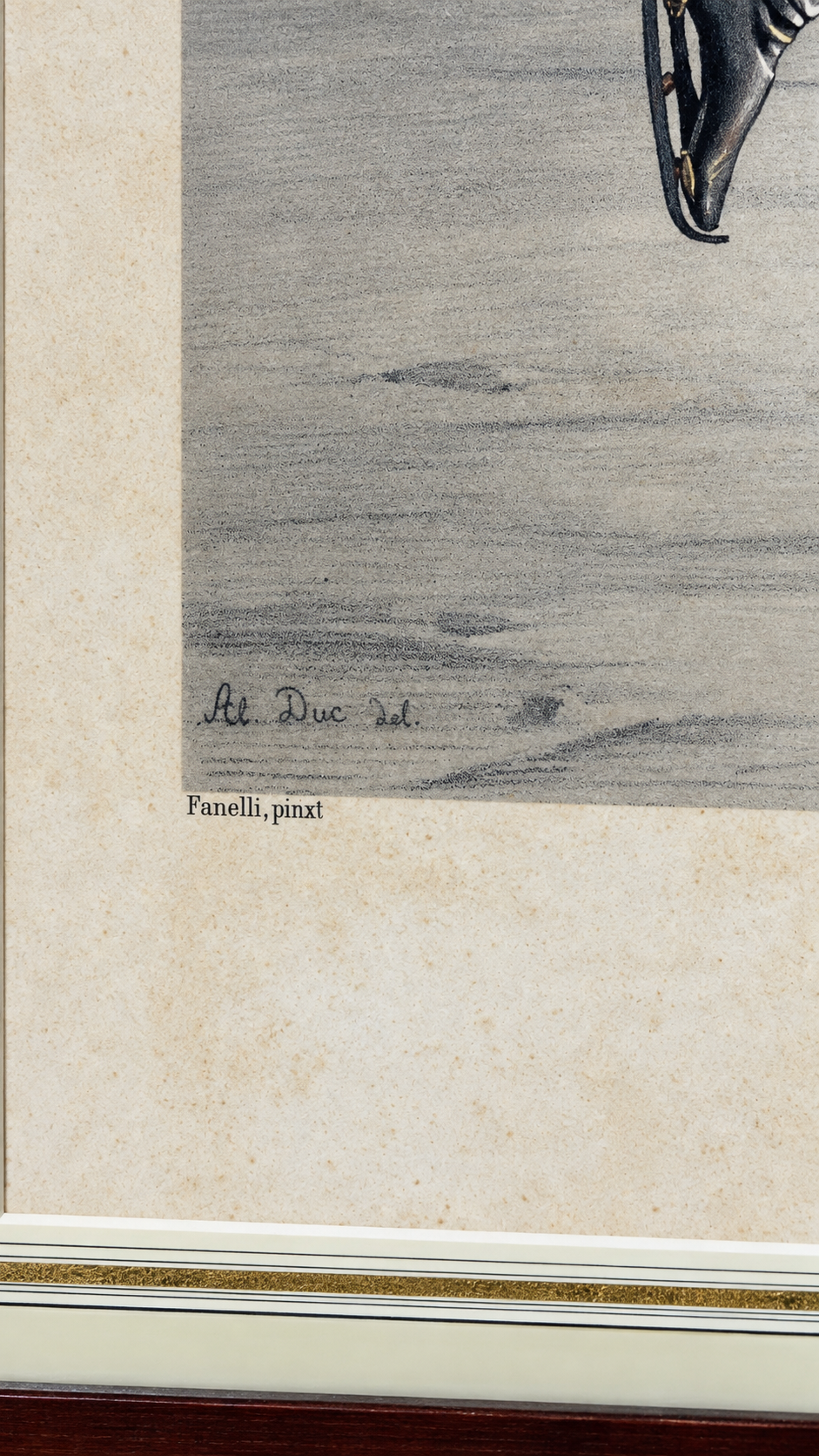 Billiaut sur la glace dans la pose du Mercure, lithographie en couleurs XIXe, dédicacée