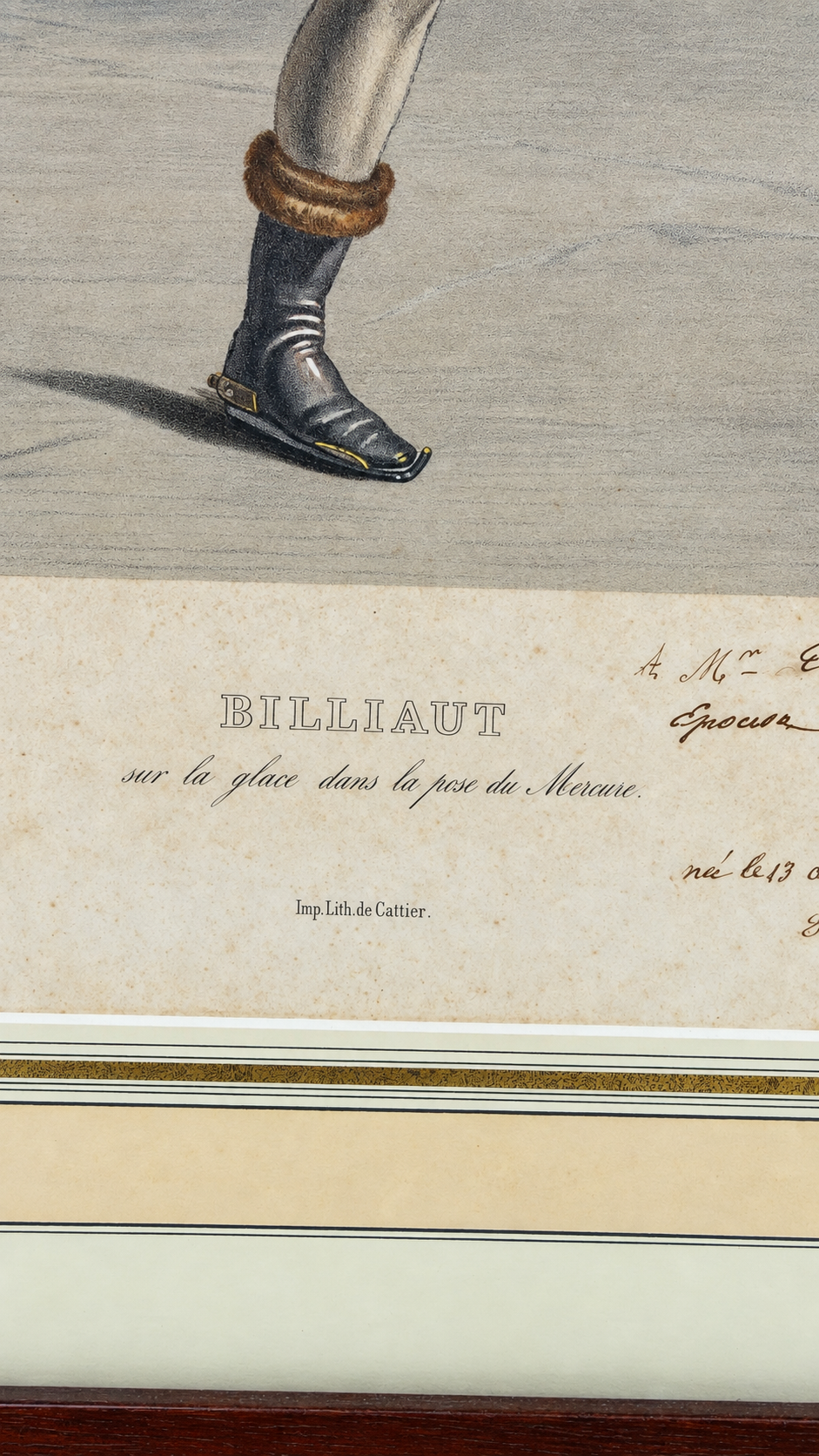 Billiaut sur la glace dans la pose du Mercure, lithographie en couleurs XIXe, dédicacée