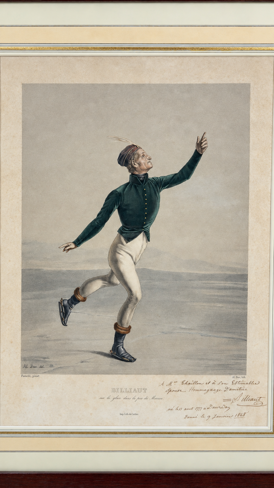Billiaut sur la glace dans la pose du Mercure, lithographie en couleurs XIXe, dédicacée