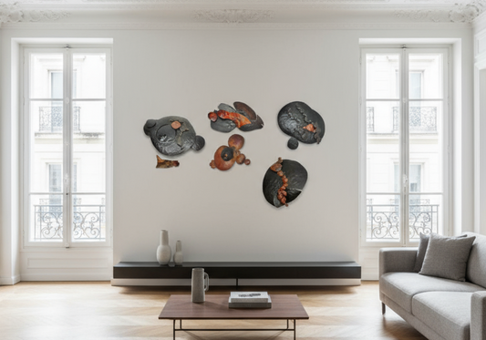 Ensemble de sculptures murales brutalistes signées B + D, vers 1965–1975