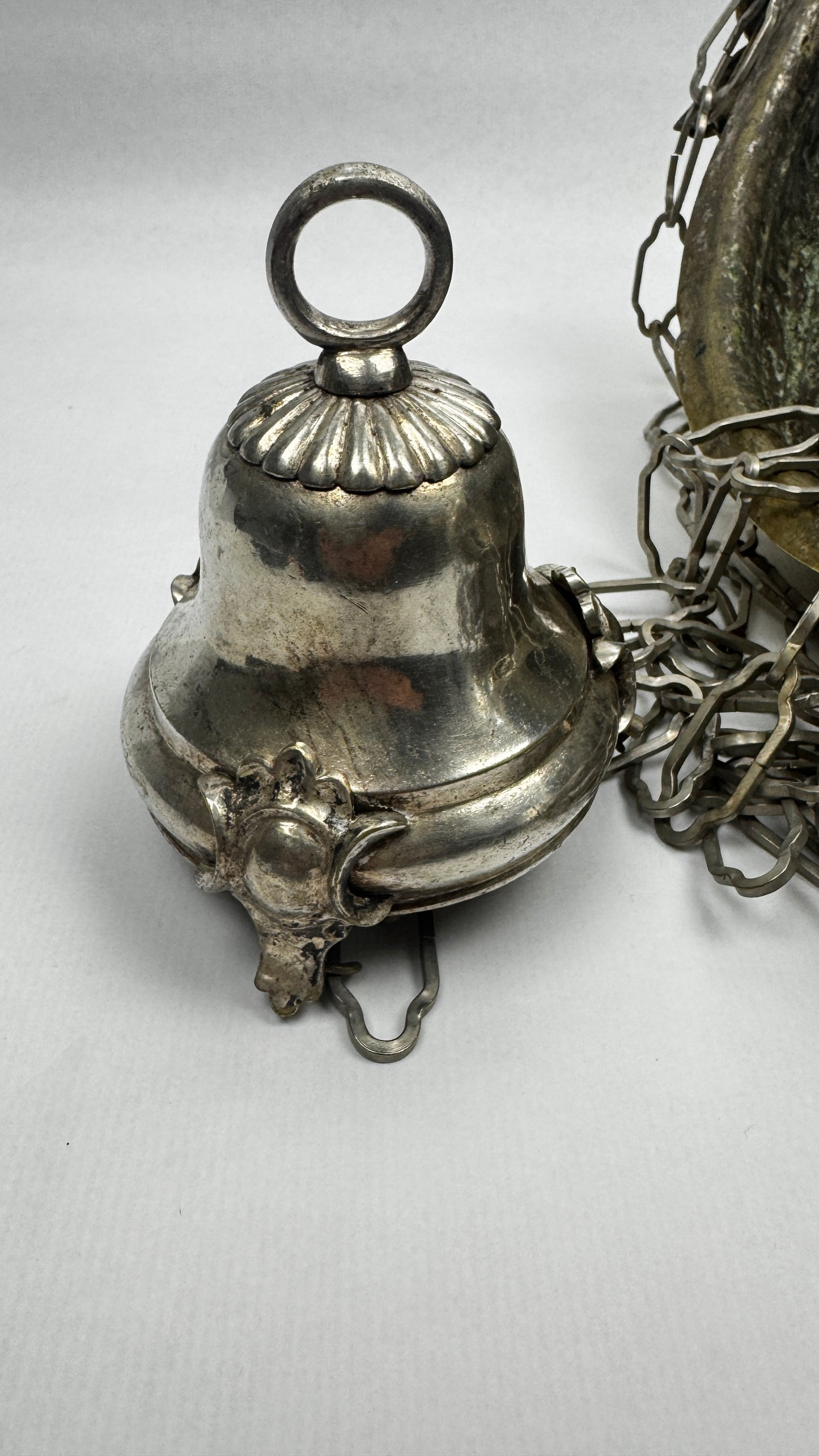 Lampe de sanctuaire ancienne laiton argenté ange ailé 130 cm