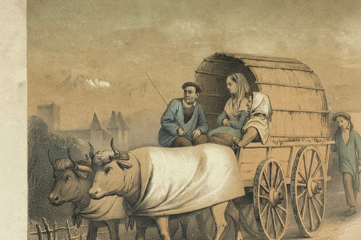 Ancienne lithographie en couleurs, Retour du marché de Pau