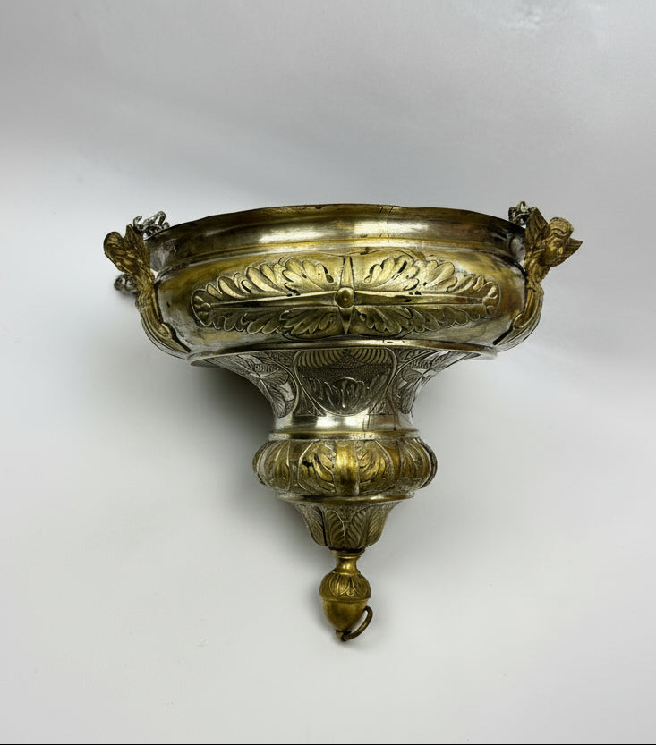 Lampe de sanctuaire ancienne laiton argenté ange ailé 130 cm