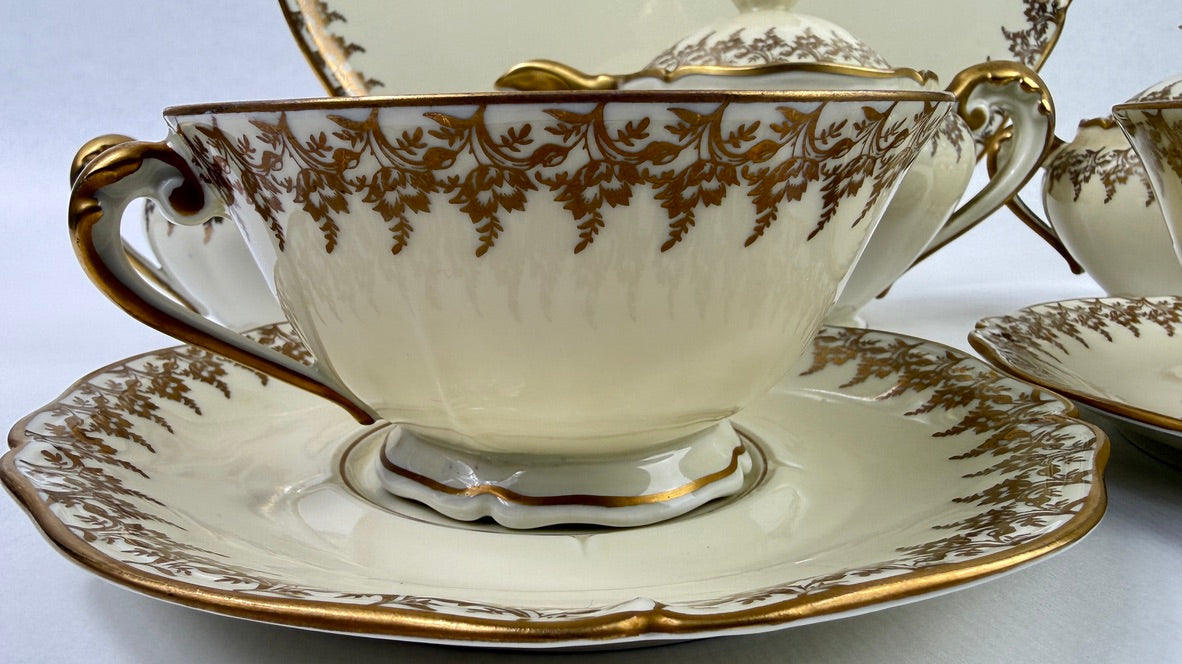 Tête-à-tête Limoges ivoire et or, service à thé vintage 8 pièces