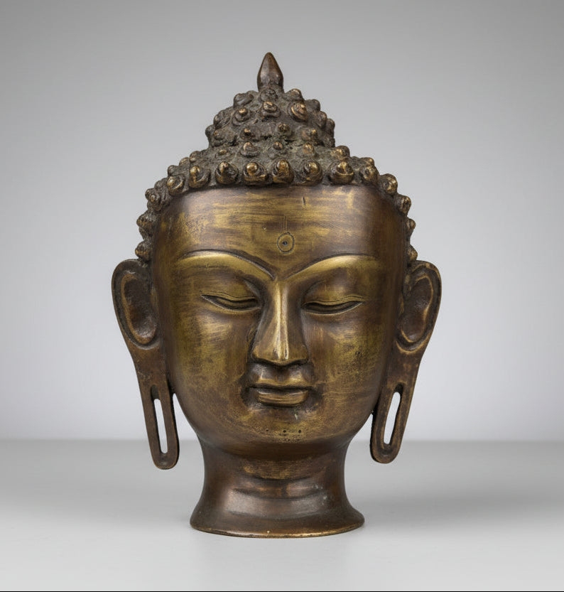 Tête de Bouddha Bronze Massif 25cm Sculpture Asie Vintage Patinée