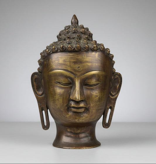 Tête de Bouddha Bronze Massif 25cm Sculpture Asie Vintage Patinée