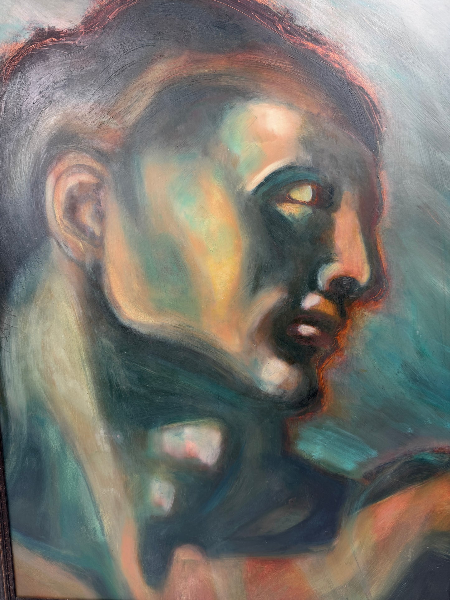 Huile sur carton – Étude stylisée Art Déco d’après l’Adam de la Chapelle Sixtine – 60 x 80 cm