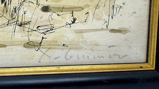 Dessin original encre et aquarelle La Charité sur Loire XXe siècle encadré