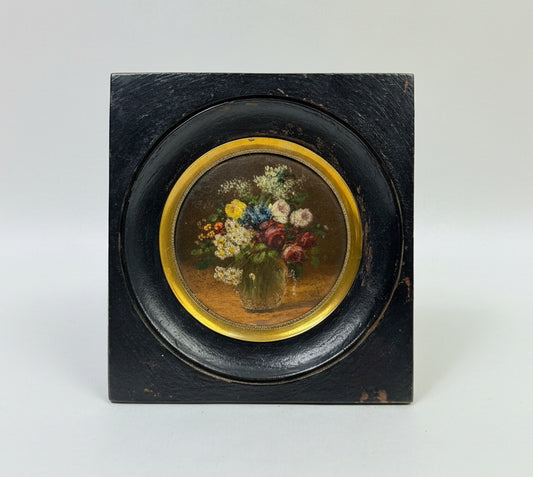 Bouquet de fleurs, miniature peinte dans son cadre noir et or, vers 1900
