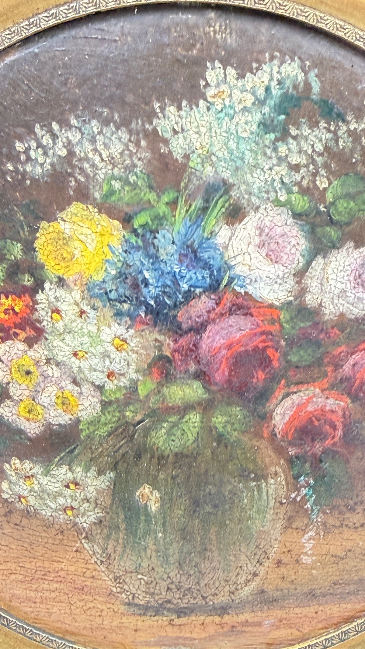 Bouquet de fleurs, miniature peinte dans son cadre noir et or, vers 1900