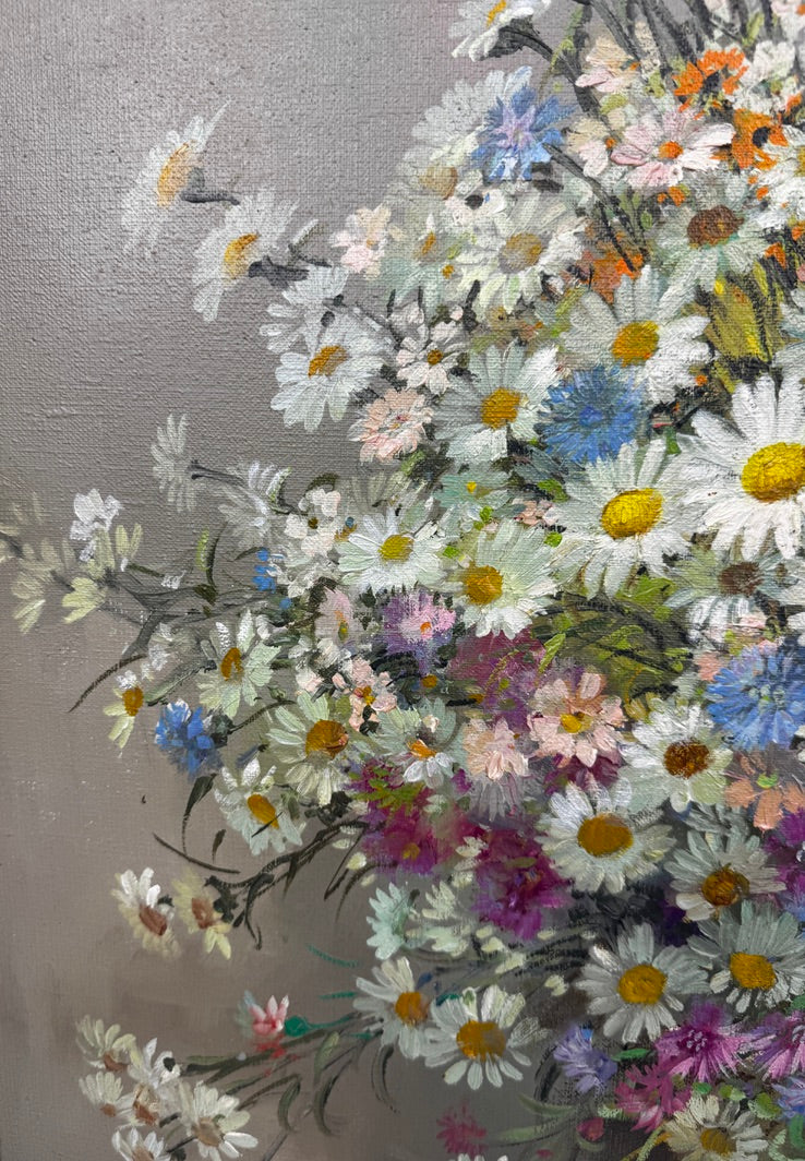 André Robert – Bouquet champêtre dans un pichet en grès – Huile sur toile, 90 × 70 cm