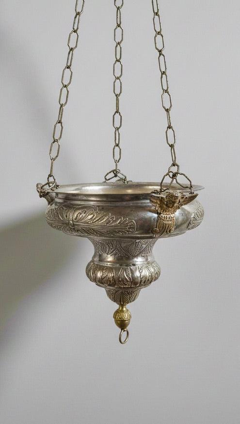 Lampe de sanctuaire ancienne laiton argenté ange ailé 130 cm