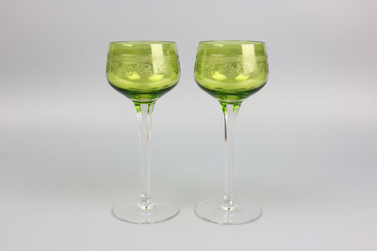 2 verres vin Rhin cristal vert grave XIXe style Baccarat Pompadour