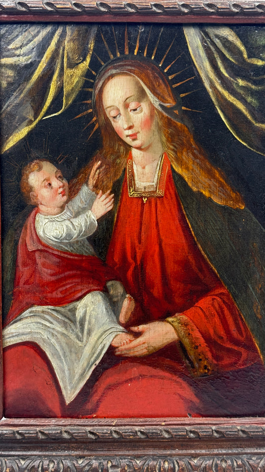 Vierge à l'Enfant Jésus, huile sur panneau de bois 17ème